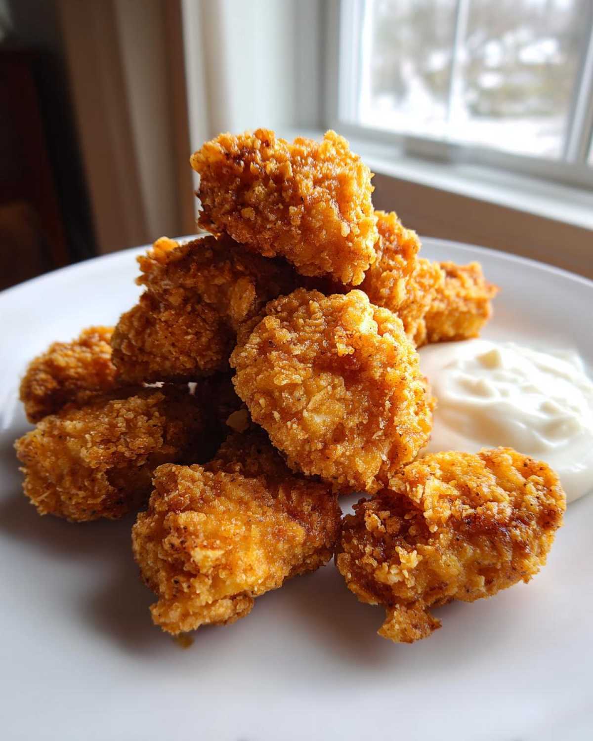 A stack of golden brown, crispy chicken nuggets served on a white plate next to a dollop of creamy garlic dip.