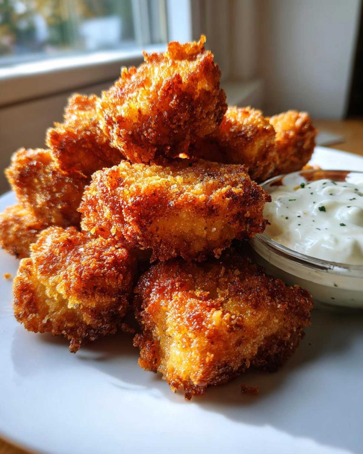 A close-up stack of golden brown Crispy Chicken Nuggets served with a small bowl of creamy garlic dip.