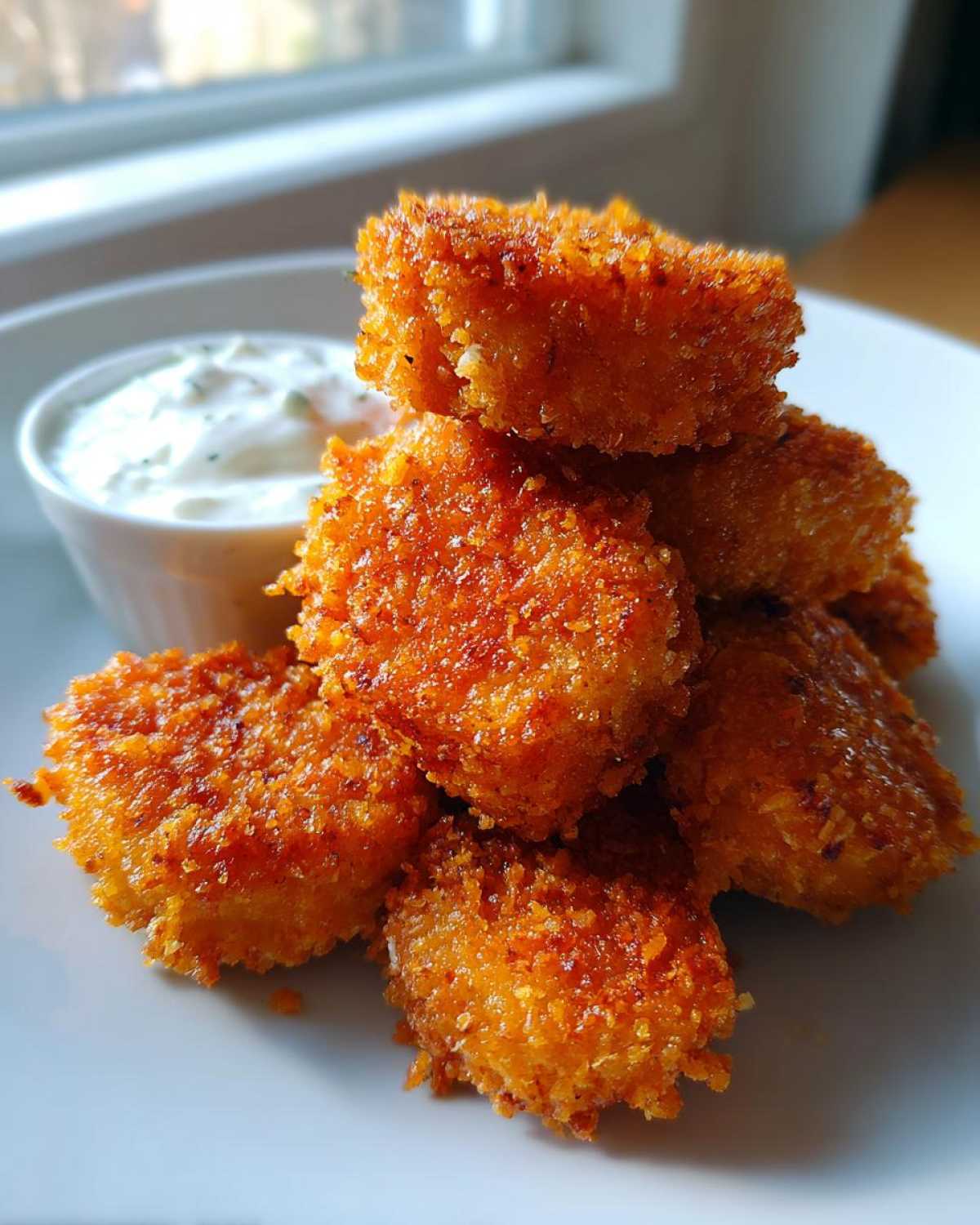 A stack of golden brown, crispy chicken nuggets served next to a small bowl of creamy garlic dip.