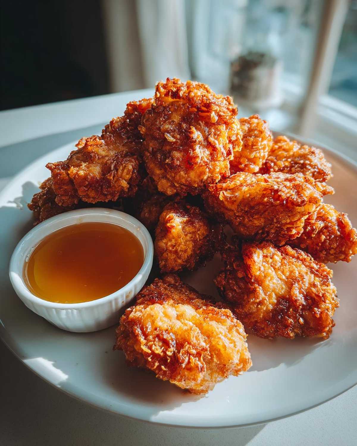 A pile of golden brown, crispy chicken nuggets served on a white plate next to a small bowl of honey dip sauce.