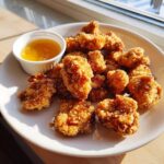 A plate piled high with golden brown Crispy Chicken Nuggets served next to a small white ramekin of honey dip sauce.