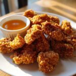 A plate of golden brown, crispy chicken nuggets served with a small ramekin of honey dip.
