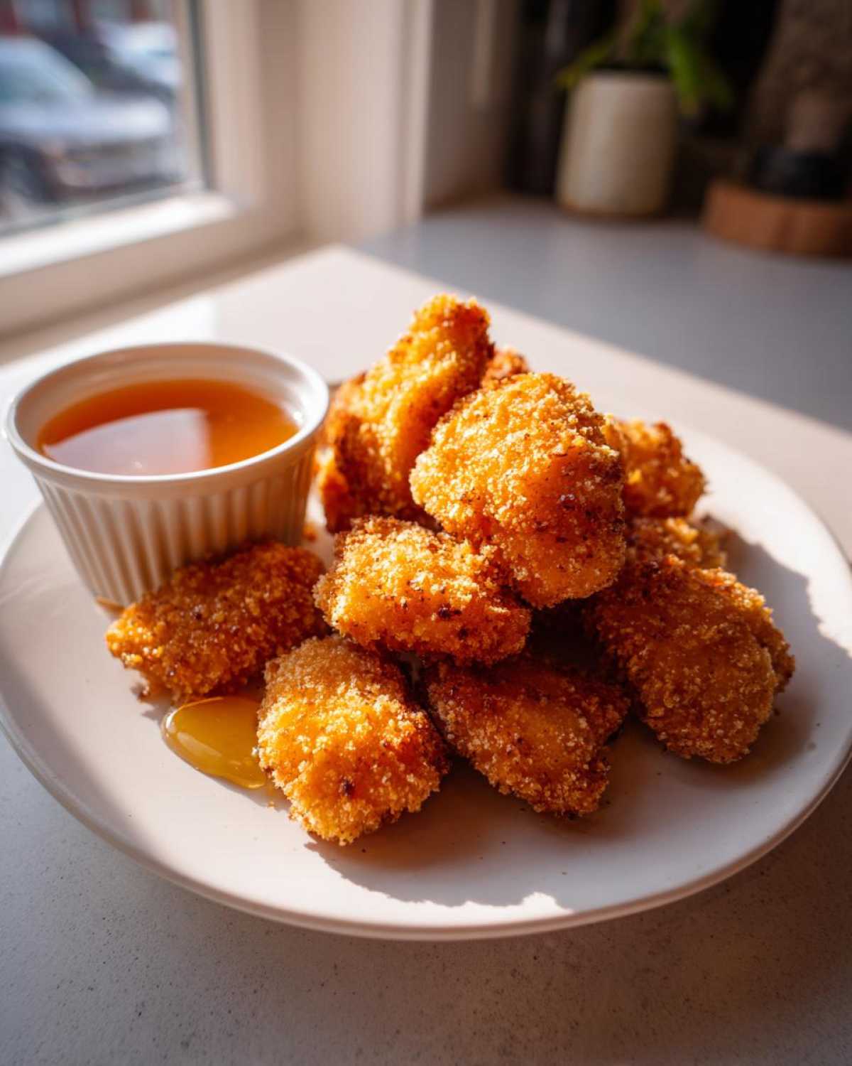 A plate of golden brown Crispy Chicken Nuggets with Honey Dip served next to a small white ramekin of dipping sauce.