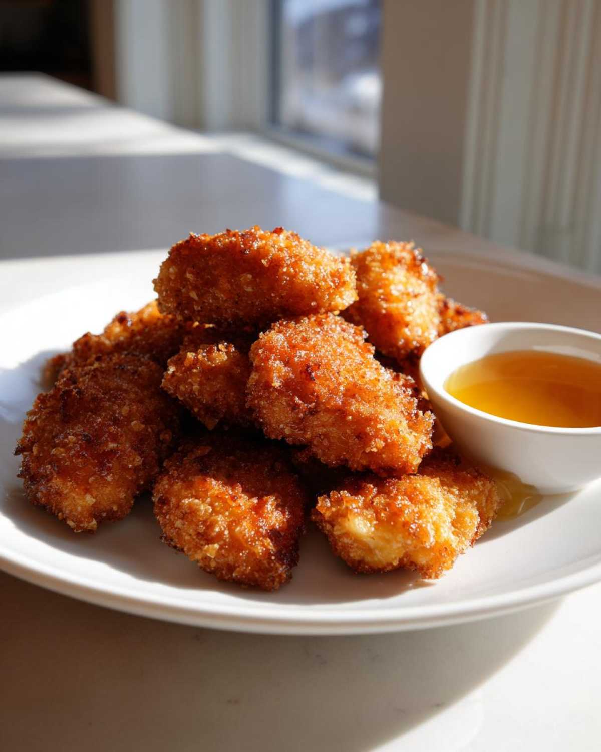 A pile of golden brown Crispy Chicken Nuggets with Honey Dip served on a white plate.