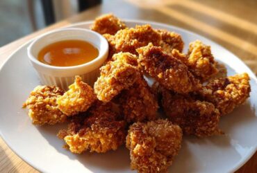 A plate of golden brown, crispy chicken nuggets served with a small ramekin of honey dip.