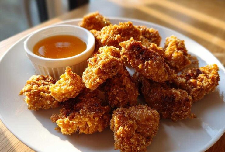 A plate of golden brown, crispy chicken nuggets served with a small ramekin of honey dip.