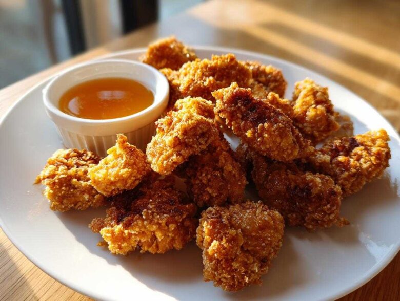 A plate of golden brown, crispy chicken nuggets served with a small ramekin of honey dip.