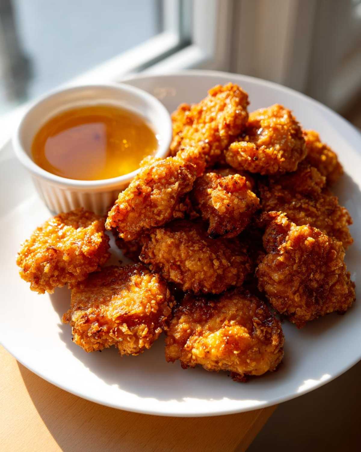A plate piled high with golden brown Crispy Chicken Nuggets with Honey Dip, served with a side of dipping sauce.