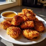 A plate piled high with golden, crispy chicken nuggets next to a small bowl of honey garlic dip.