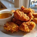A plate piled high with golden, crispy chicken nuggets served alongside a small white ramekin of honey garlic dip.