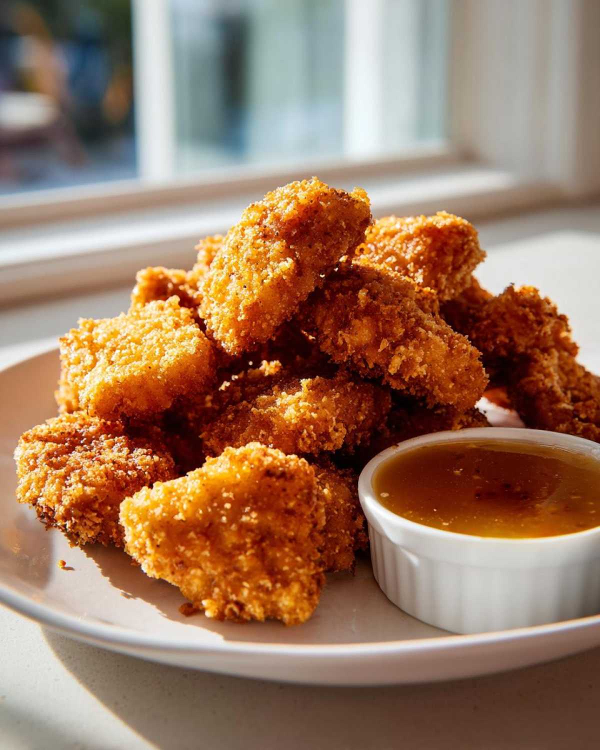 A pile of golden, crispy chicken nuggets served with a small ramekin of honey garlic dip.