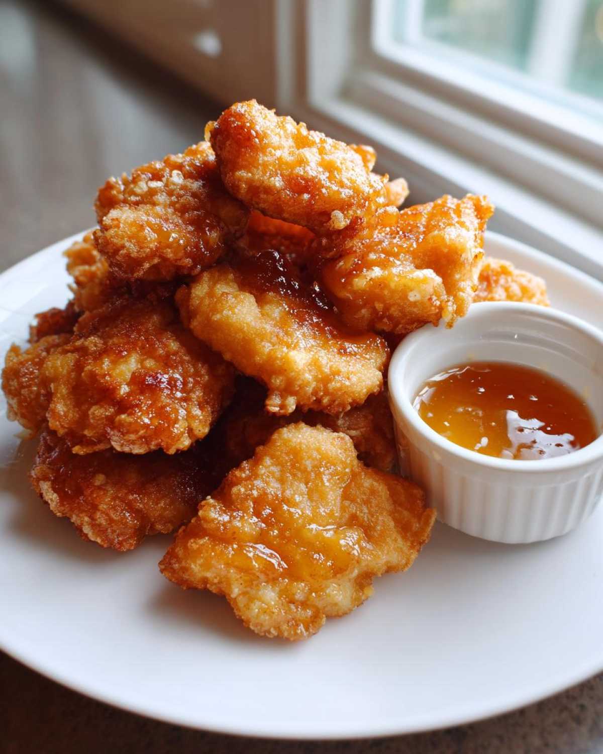 A pile of golden, crispy chicken nuggets coated in a sticky glaze, served with a side of honey garlic dip.
