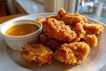 A plate piled high with golden, crispy chicken nuggets served alongside a small white ramekin of honey garlic dip.