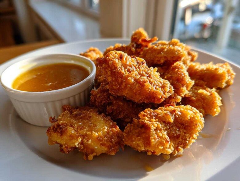 A plate piled high with golden, crispy chicken nuggets served alongside a small white ramekin of honey garlic dip.