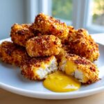 A pile of golden brown Crispy Chicken Nuggets with Honey Mustard Dip, one nugget is broken open.