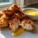 Close-up of golden brown Crispy Chicken Nuggets with Honey Mustard Dip, one nugget is broken open.