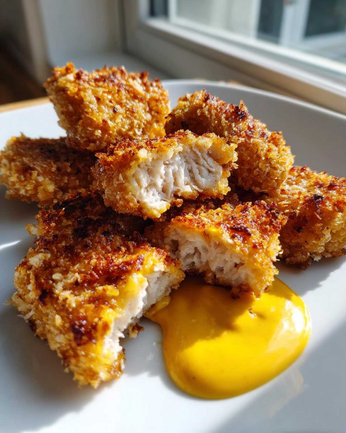 Close-up of perfectly cooked Crispy Chicken Nuggets with honey mustard dip pooling beside them.