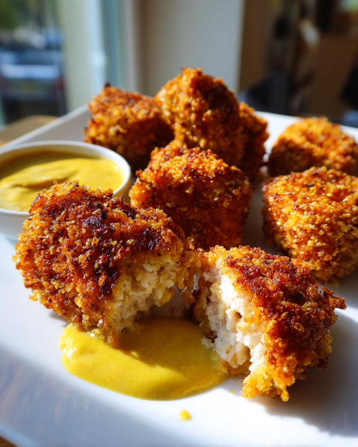 Close-up of crispy chicken nuggets, one broken open showing the white interior, dipped in honey mustard sauce.