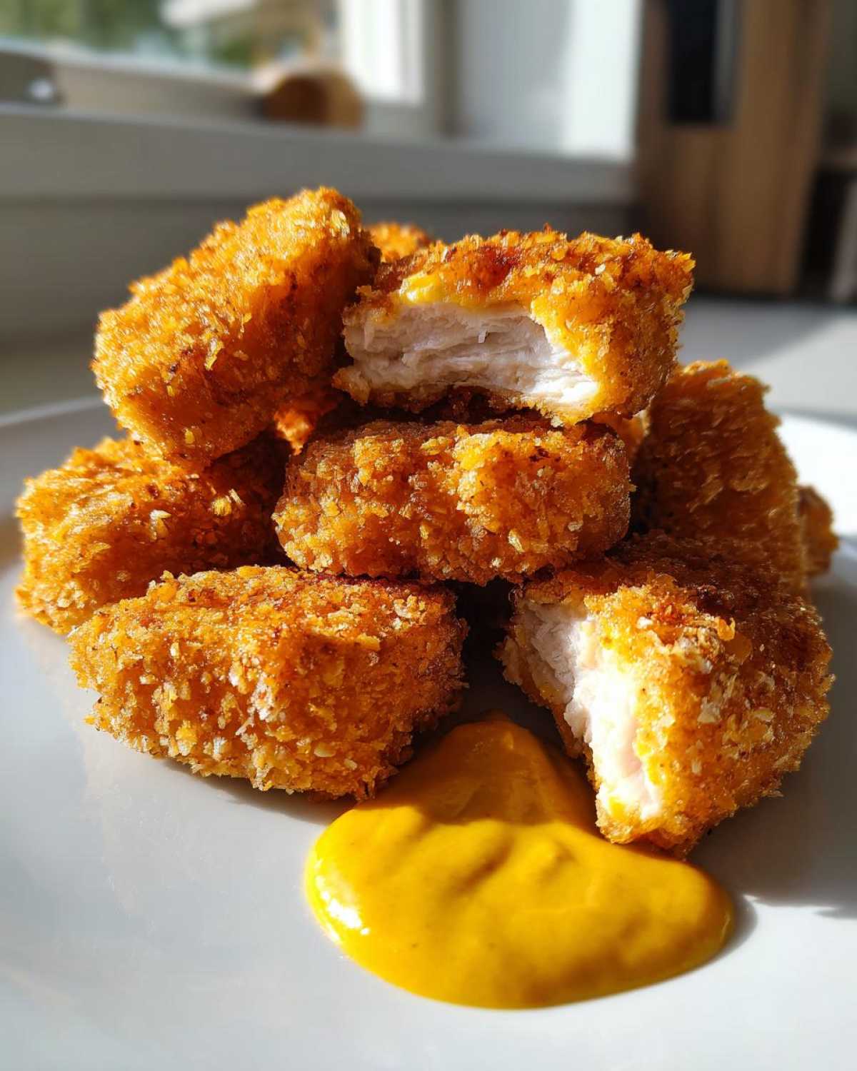 A stack of golden, crispy chicken nuggets served with a dollop of bright yellow honey mustard dip.