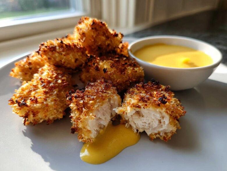 Close-up of golden brown Crispy Chicken Nuggets with Honey Mustard Dip, one nugget is broken open.