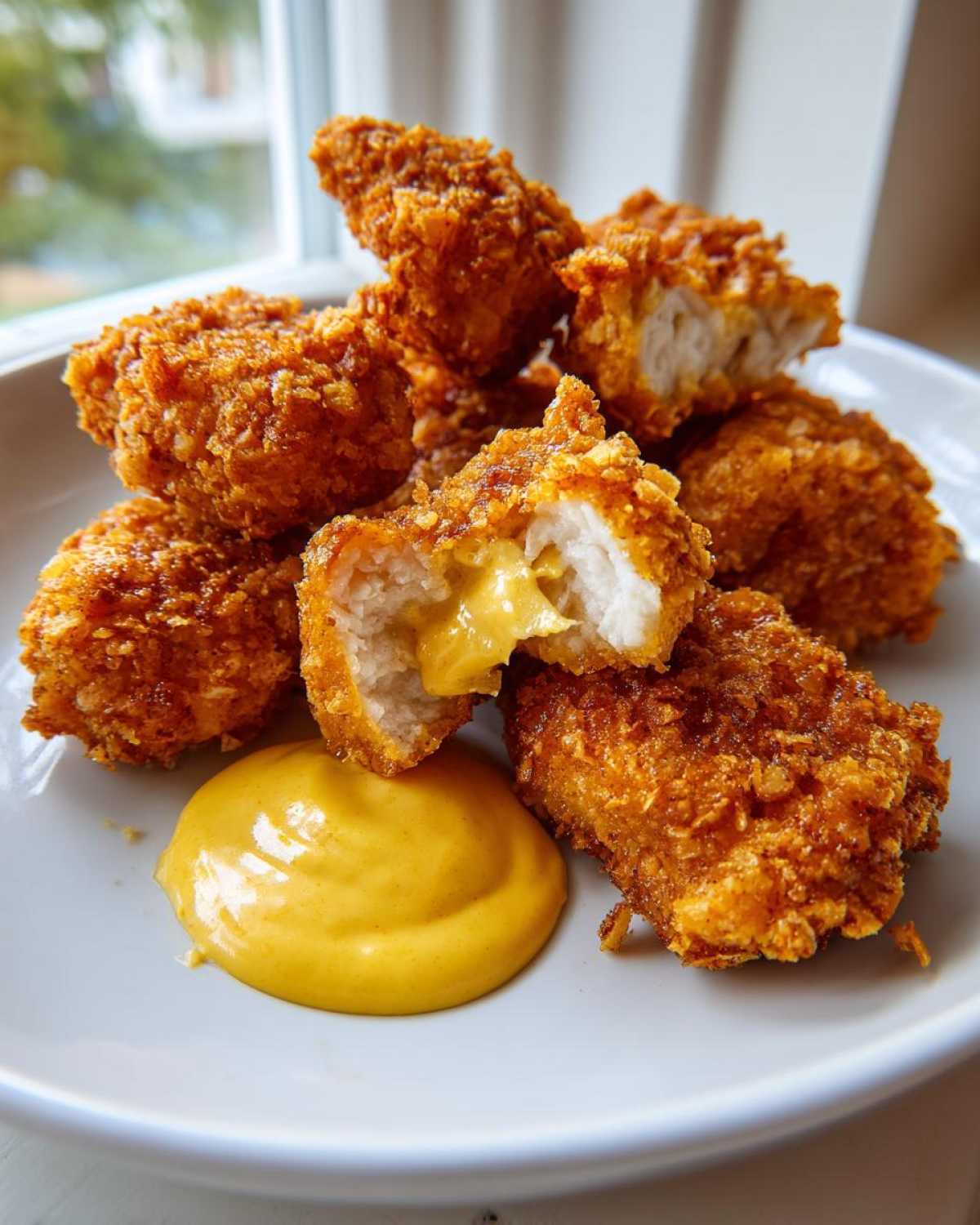 A pile of golden brown Crispy Chicken Nuggets with Honey Mustard Dip, one nugget is broken open showing melted cheese inside.