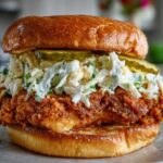 Close-up of a towering Crispy Chicken Sandwich with creamy slaw and pickles on a brioche bun.