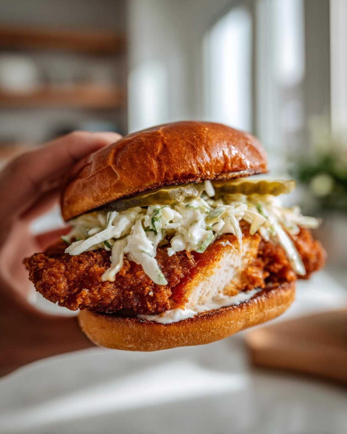 A hand holding a juicy Crispy Chicken Sandwich with creamy slaw and pickles on a brioche bun.