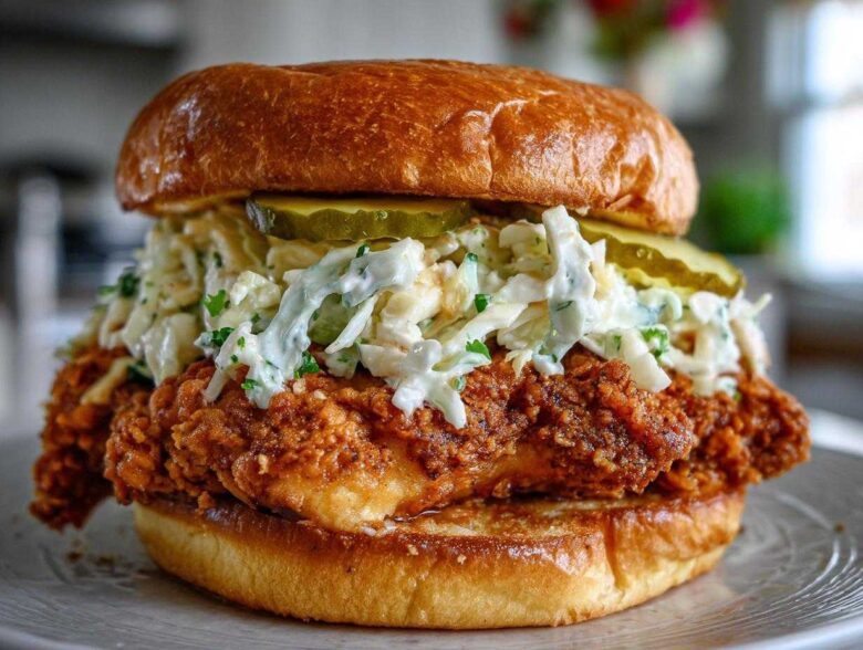 Close-up of a towering Crispy Chicken Sandwich with creamy slaw and pickles on a brioche bun.