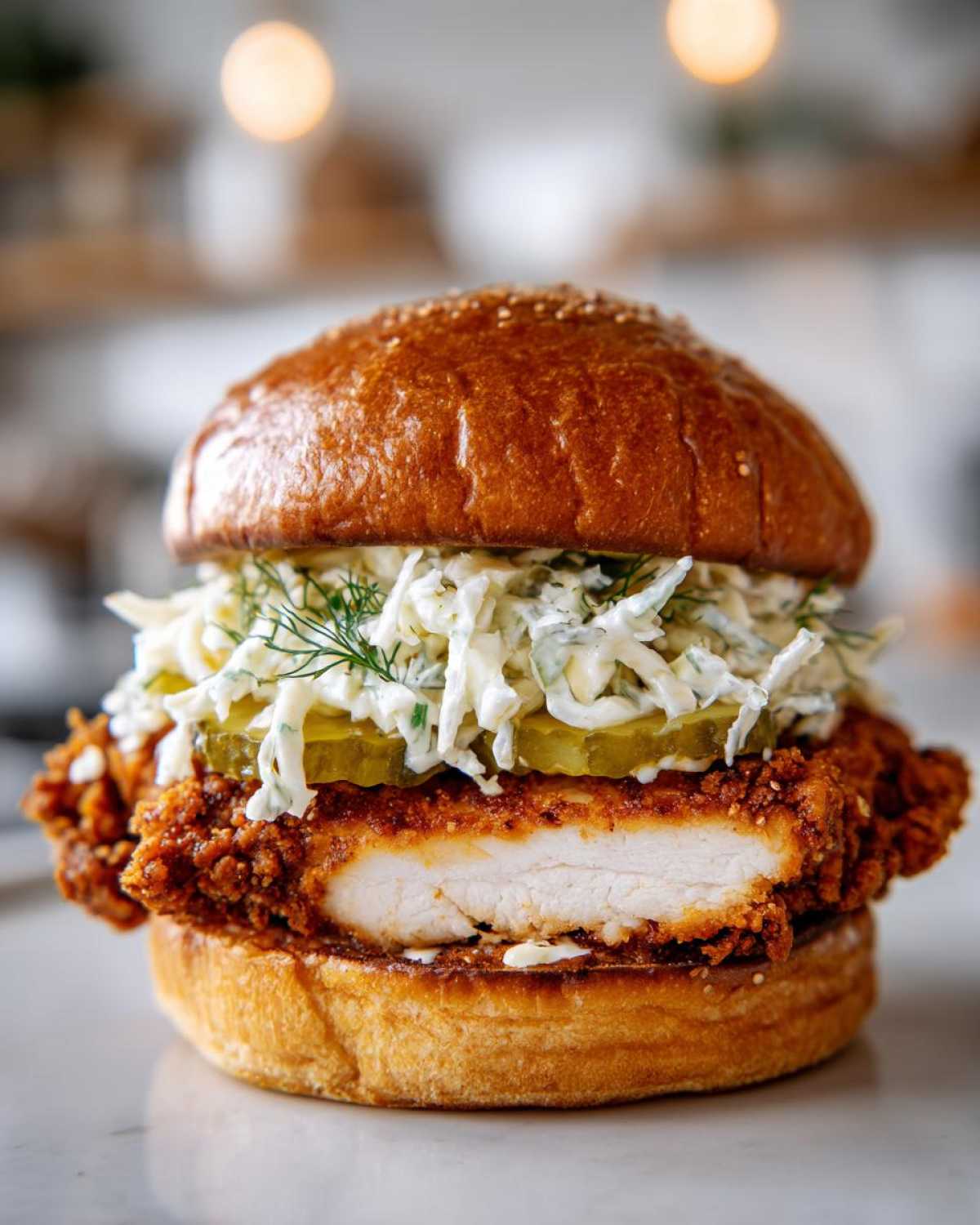 A cross-section view of a Crispy Chicken Sandwich with Creamy Slaw, showing the thick, juicy chicken breast, pickles, and slaw on a brioche bun.
