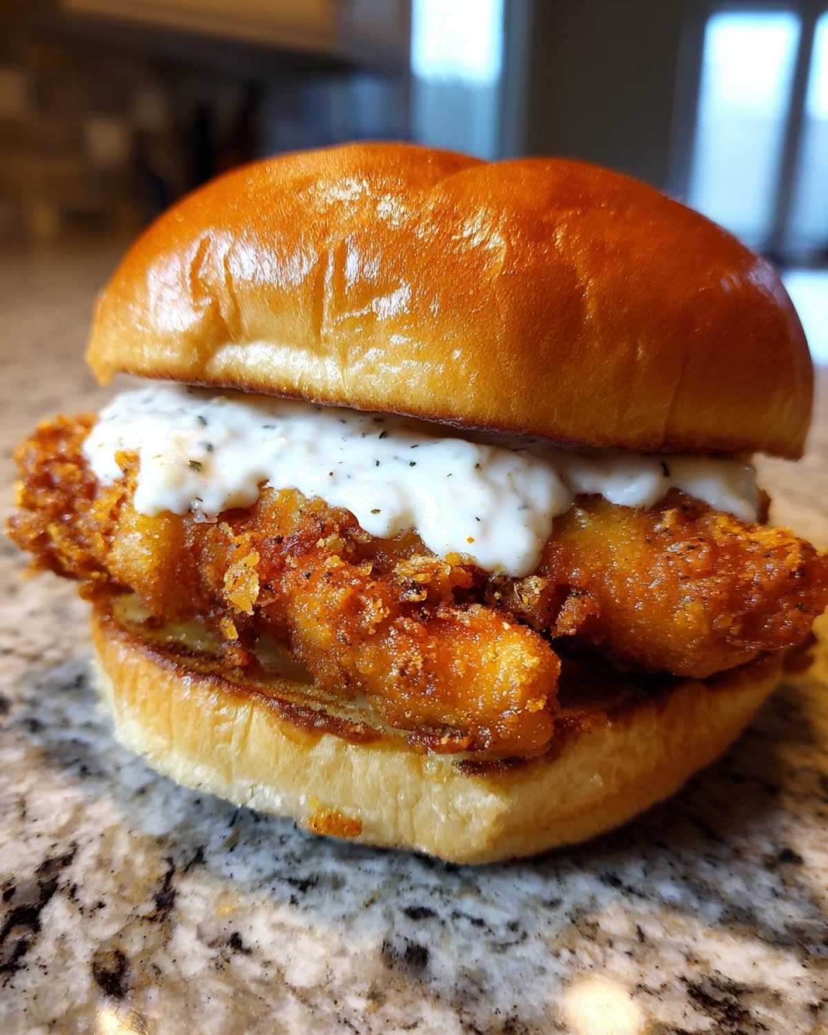 Close-up of a Crispy Chicken Sandwich with Garlic Sauce piled high on a toasted brioche bun.