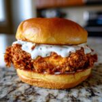 A close-up of a Crispy Chicken Sandwich with Garlic Sauce featuring a thick, golden-brown fried chicken patty on a brioche bun.