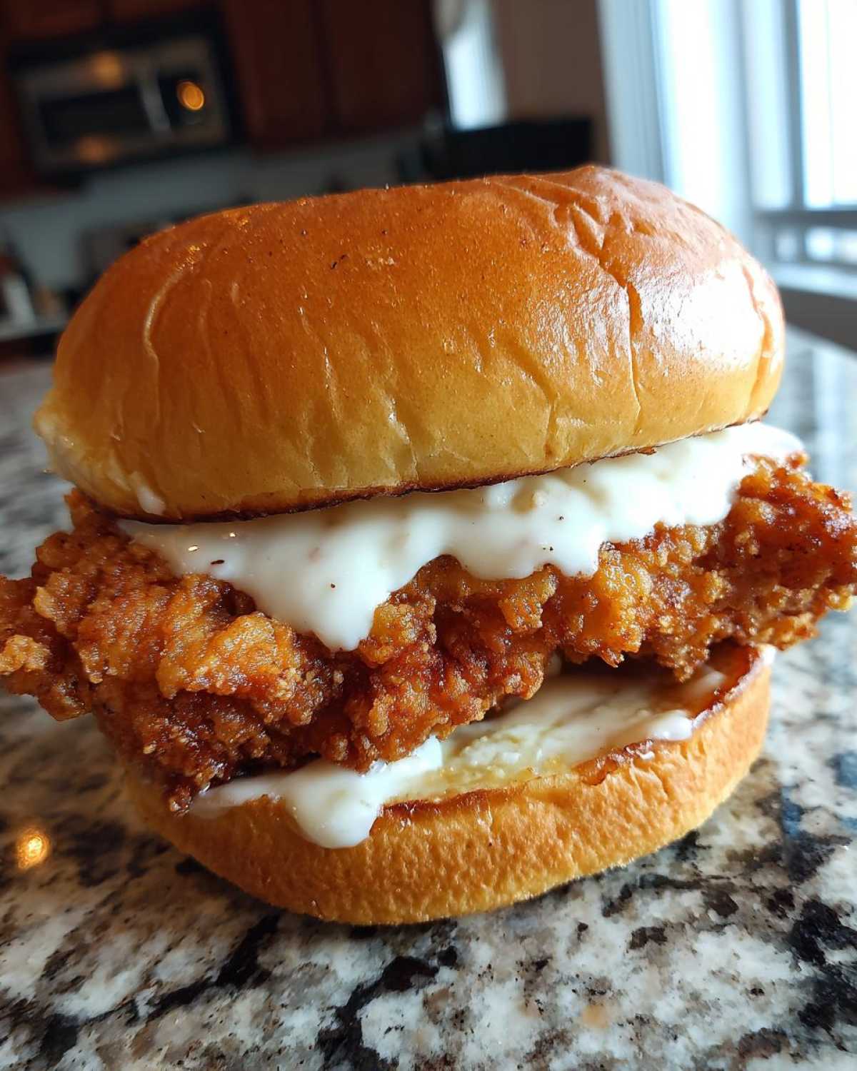 A close-up of a Crispy Chicken Sandwich with Garlic Sauce on a granite countertop.