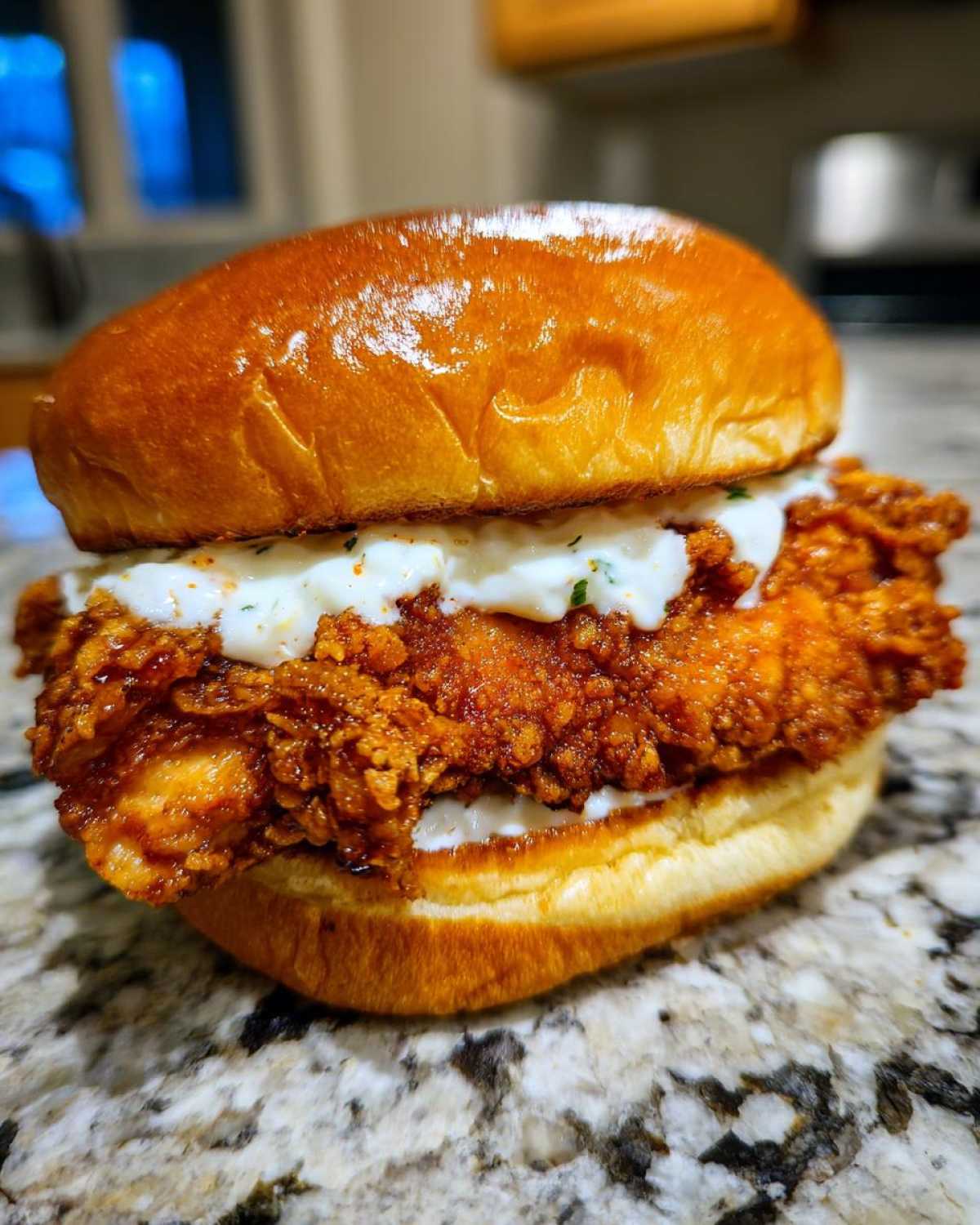 A close-up of a Crispy Chicken Sandwich with Garlic Sauce featuring a thick, golden-brown fried chicken fillet on a brioche bun.