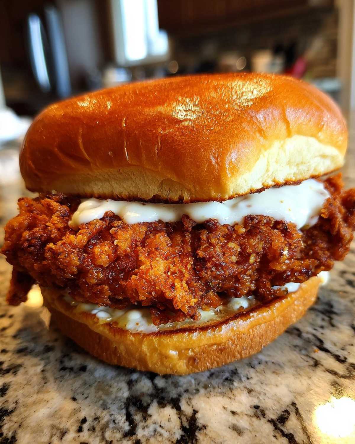 A close-up of a Crispy Chicken Sandwich with Garlic Sauce featuring a thick, crunchy fried chicken fillet on a brioche bun with creamy white sauce.
