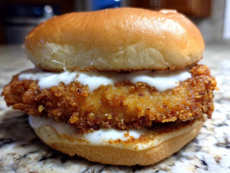 A close-up of a Crispy Chicken Sandwich with Garlic Sauce featuring a golden, crunchy fried chicken fillet between a toasted bun, drizzled with white sauce.