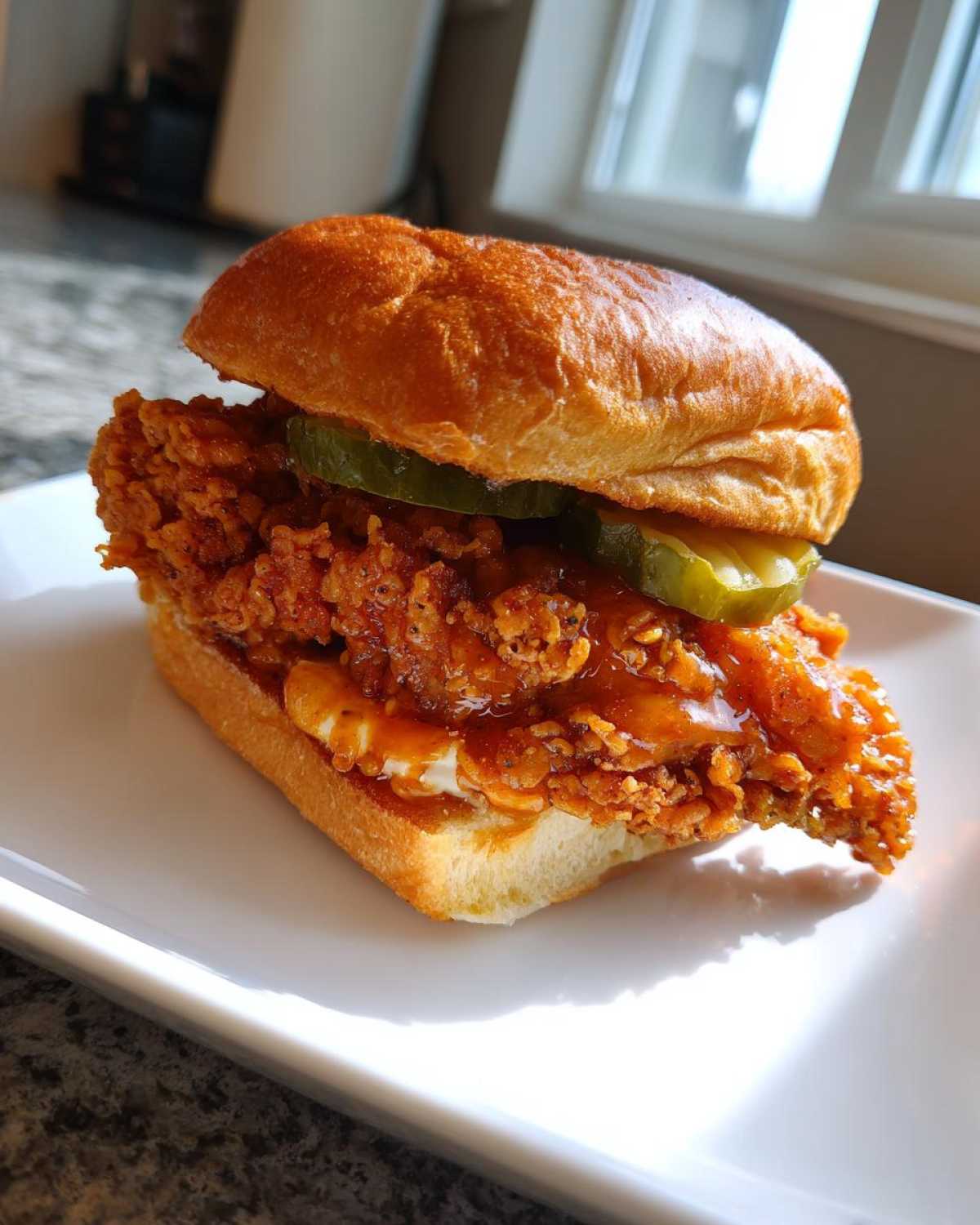 A close-up of a Crispy Chicken Sandwich with Honey Sauce, featuring a thick, craggy fried chicken fillet, pickles, and a shiny glaze on a brioche bun.
