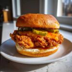 A close-up of a delicious Crispy Chicken Sandwich with Honey Sauce, pickles, and a brioche bun on a white plate.