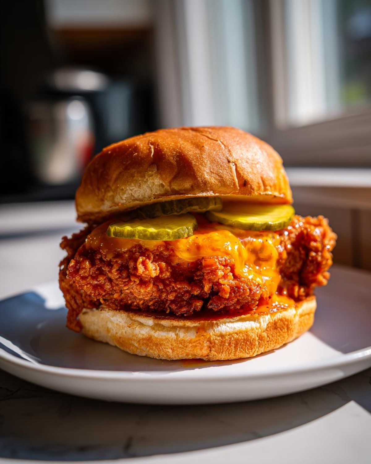 Close-up of a Crispy Chicken Sandwich with Honey Sauce, melted cheese, and dill pickles on a brioche bun.