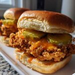 Two perfectly assembled Crispy Chicken Sandwich with Honey Sauce sliders featuring thick fried chicken, pickles, and glistening sauce on brioche buns.