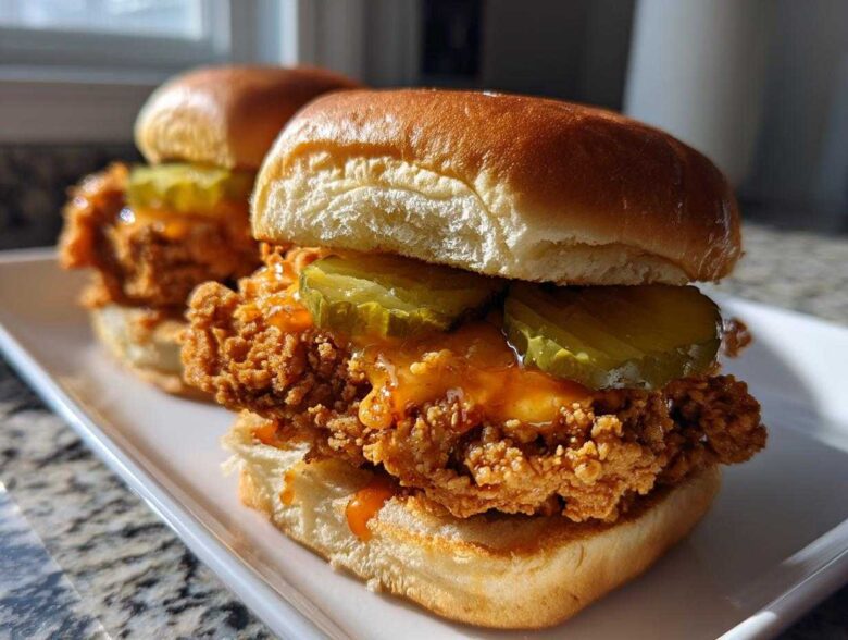 Two perfectly assembled Crispy Chicken Sandwich with Honey Sauce sliders featuring thick fried chicken, pickles, and glistening sauce on brioche buns.