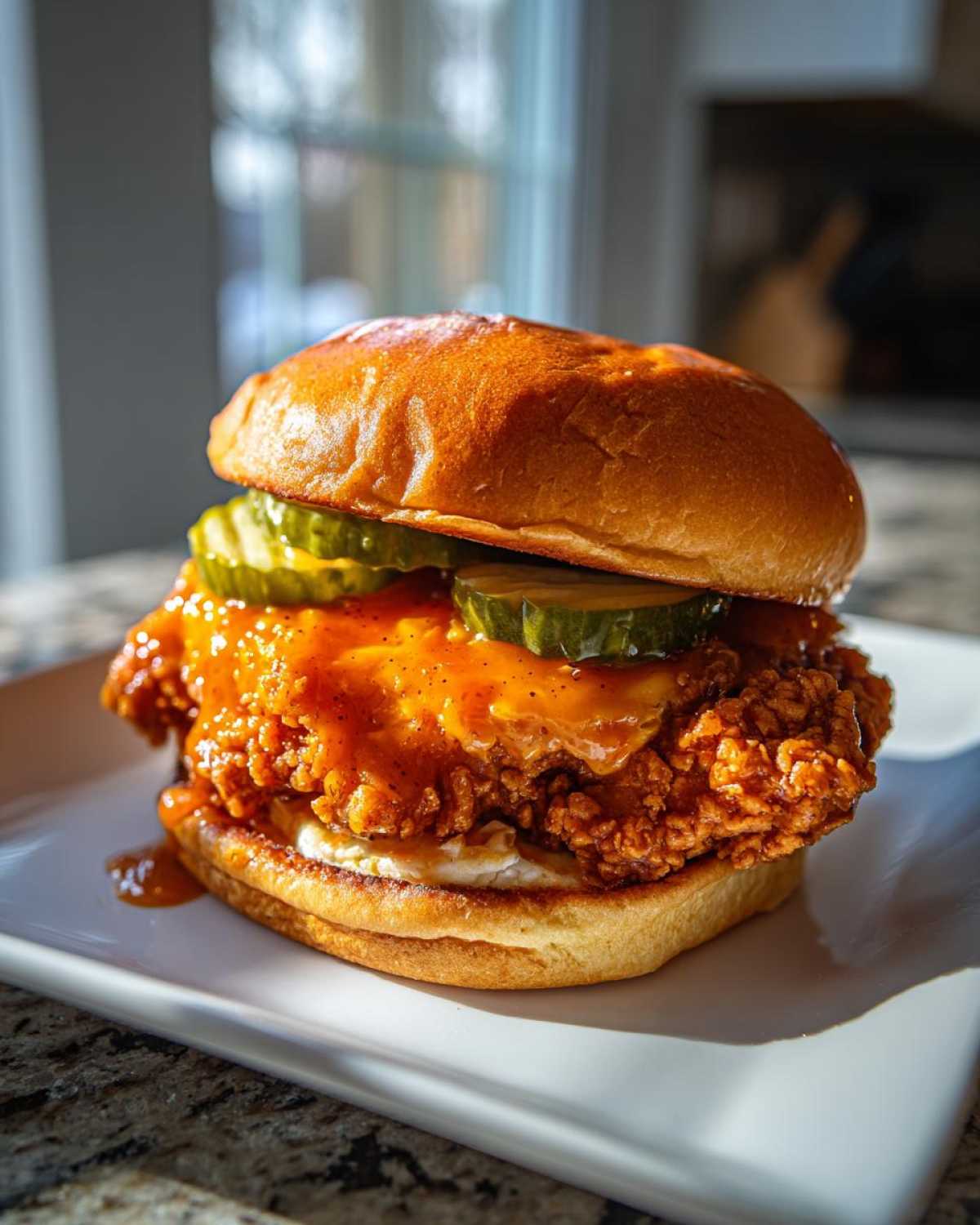 A close-up of a Crispy Chicken Sandwich with Honey Sauce, topped with pickles and served on a brioche bun.