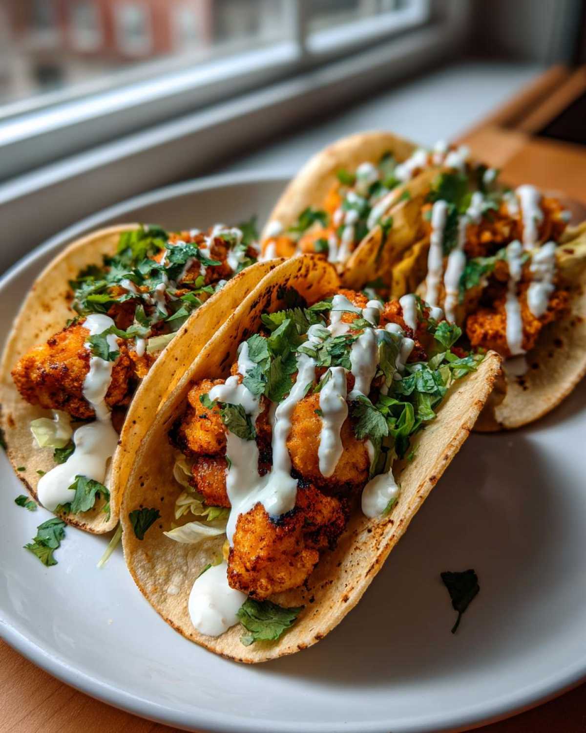 Three Crispy Chicken Tacos topped with cilantro and drizzled with white garlic lime sauce on a white plate.