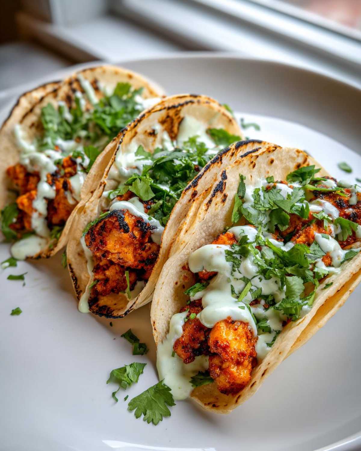 Three assembled Crispy Chicken Tacos topped with a creamy green sauce and fresh cilantro.