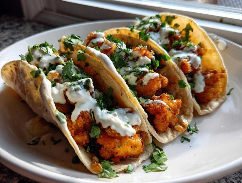 Three Crispy Chicken Tacos topped with white sauce and cilantro, ready to eat.