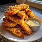 A stack of golden, crispy chicken tenders served next to a small bowl of creamy Garlic Parmesan Dip.
