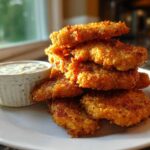 A stack of golden brown Crispy Chicken Tenders served next to a small ramekin of creamy Garlic Parmesan Dip.