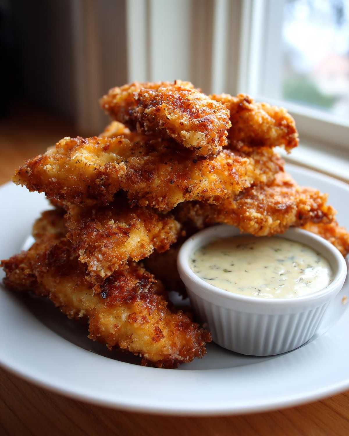 A stack of golden brown Crispy Chicken Tenders served with a small white ramekin of creamy Garlic Parmesan Dip.