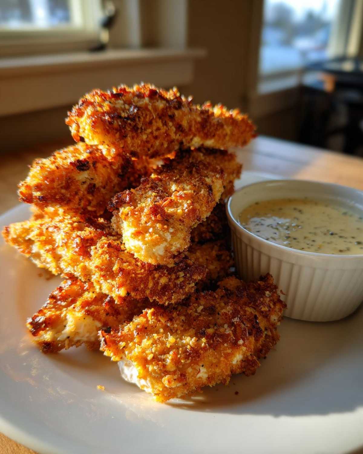 A stack of golden brown Crispy Chicken Tenders served next to a small bowl of Garlic Parmesan Dip.