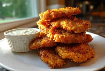 A stack of golden brown Crispy Chicken Tenders served next to a small ramekin of creamy Garlic Parmesan Dip.