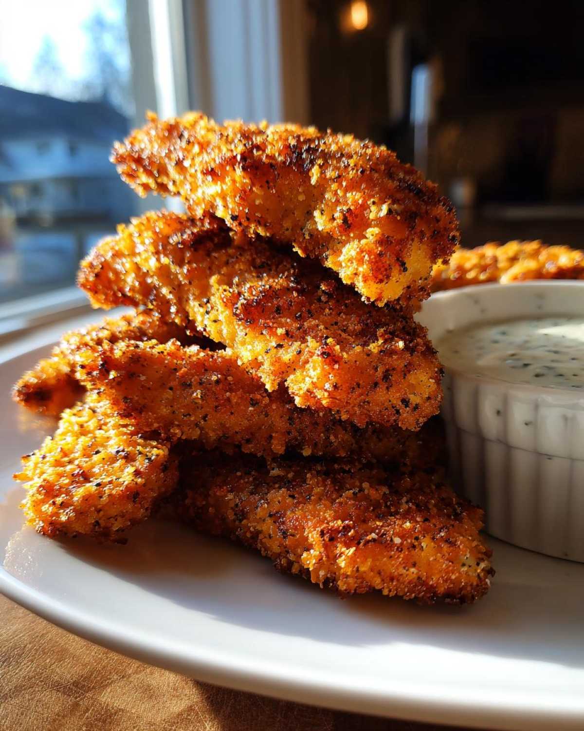 Stack of golden, crispy chicken tenders seasoned with pepper, served next to a small bowl of Garlic Parmesan Dip.